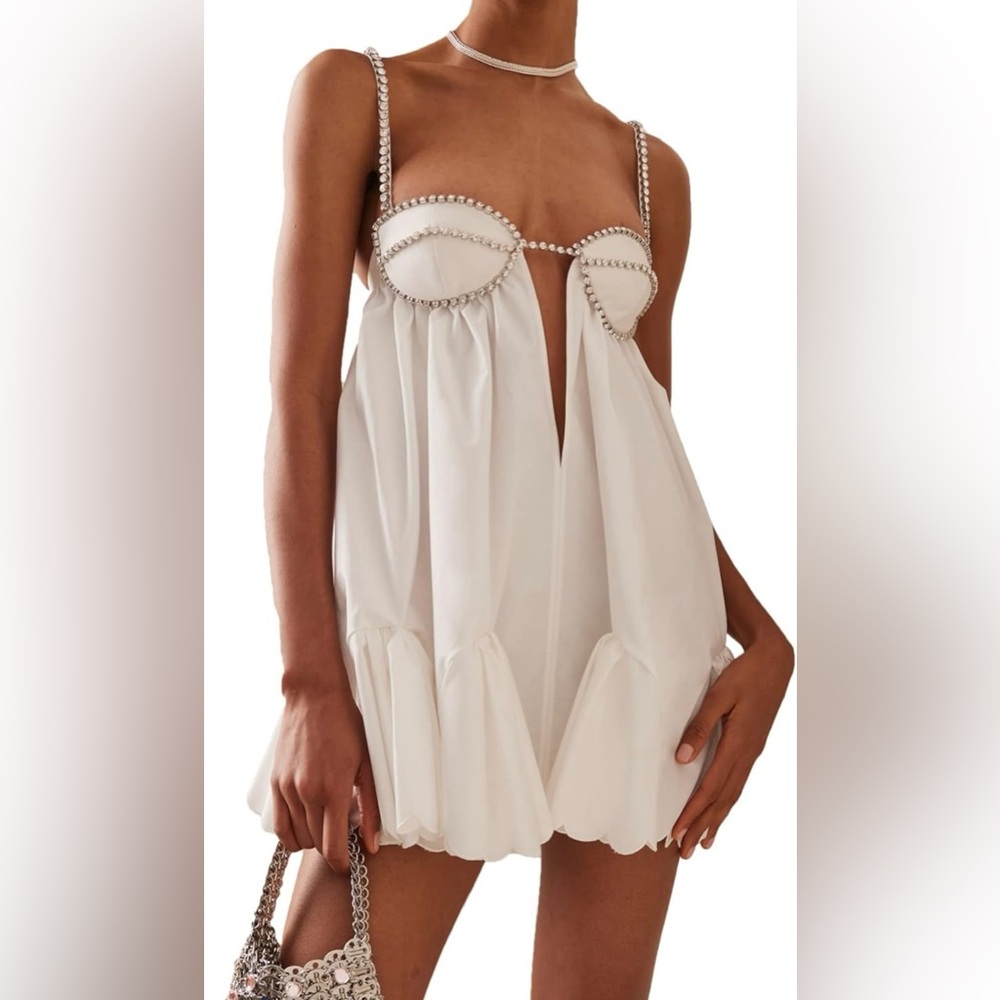 White Rhinestone Detail Mini Dress
